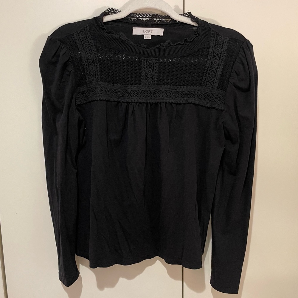 Loft black long sleeve blouse with lace detail and collar.